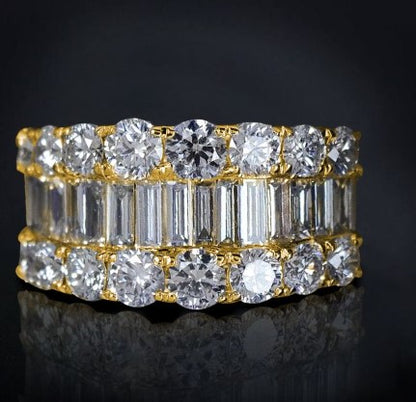Golden Triple Row Baguette Cut White Sapphire Wedding Ring