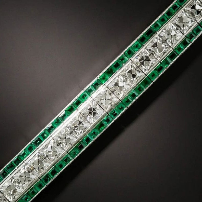 Art Deco Milgrain Princess Cut Emerald Sapphire Bracelet