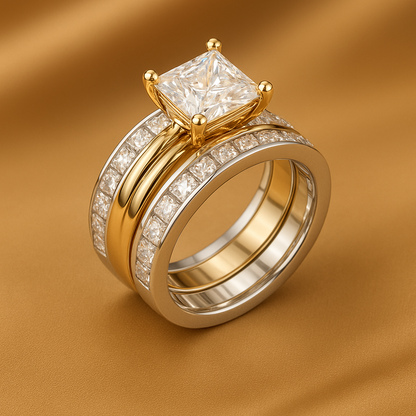 Elegant Princess-Cut Gold & Silver Ring Set