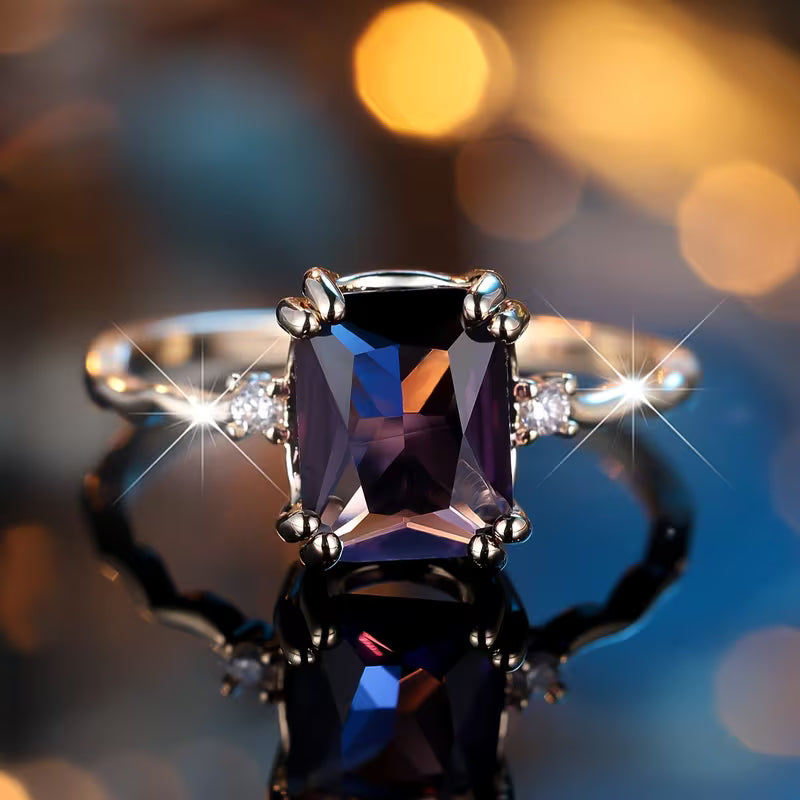 Silver amethyst emerald-cut ring