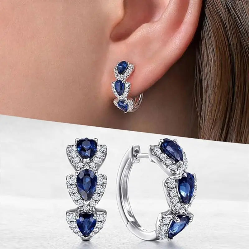 Silver sapphire halo hoop earrings