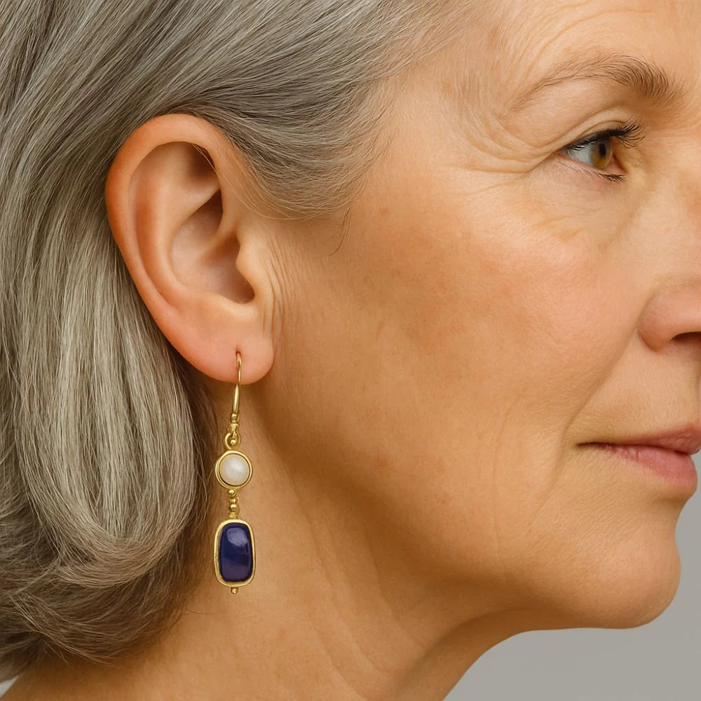 Vintage Blue Stone & Pearl Gold Earrings