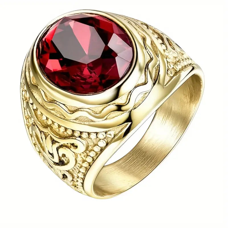 Gold ruby engraved ring