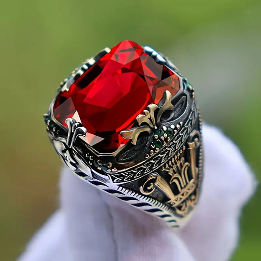 Silver ruby ornate signet ring