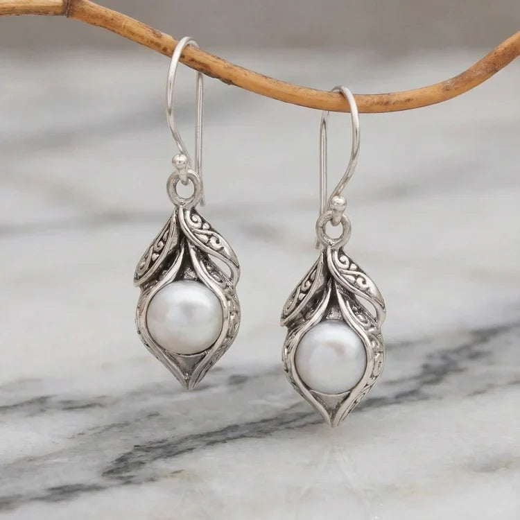 Vintage Dangling Pearl Silver Earrings