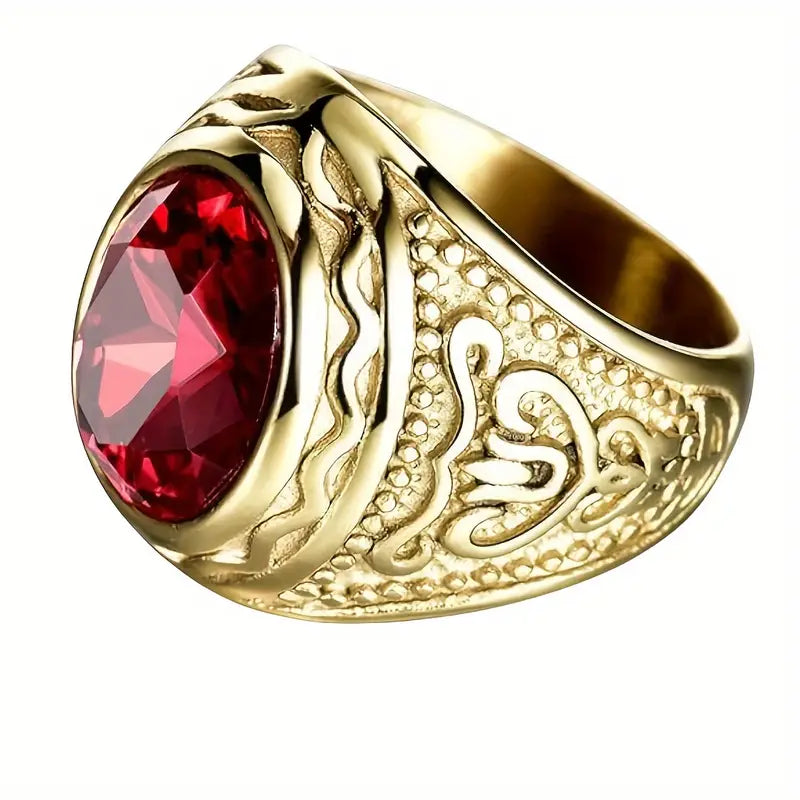 Gold ruby engraved ring