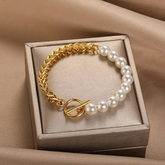 Oferta 1+1: Pulsera elegante de oro y perlas