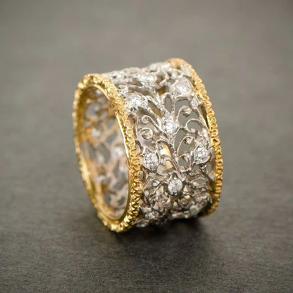 Silver and gold ornate band ring