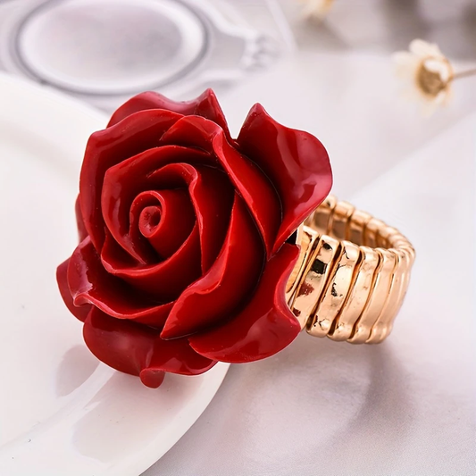Rose gold ring with a red rose