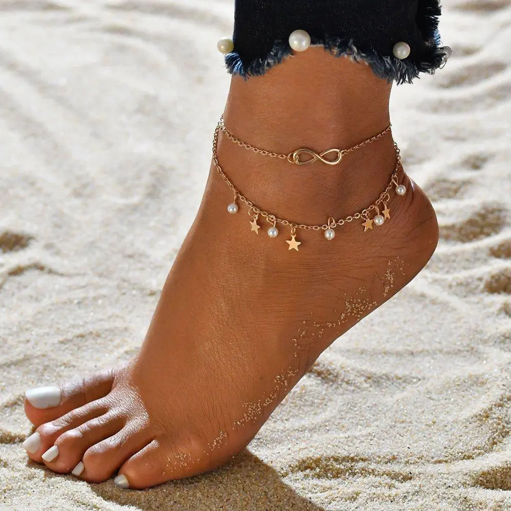 Pulsera de Cordón Tobillero Infinito + Cuentas y Estrellas
