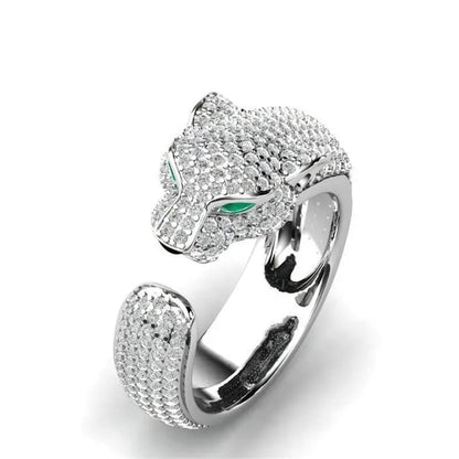Oferta 1+1: Anillo ajustable de jaguar y oro rosa con ojos de circonita verde.