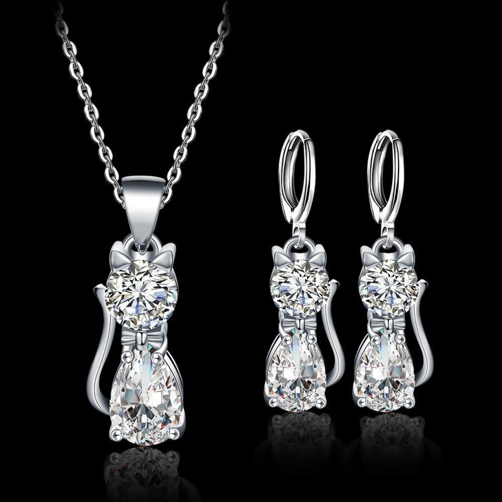 1+1 Offer: Happy Cat Necklace and Earring Set made of Silver and Polished White Zirconia