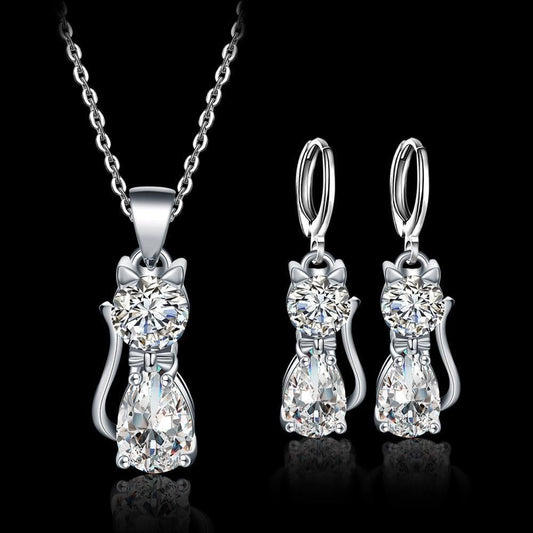 1+1 Offer: Happy Cat Necklace and Earring Set made of Silver and Polished White Zirconia