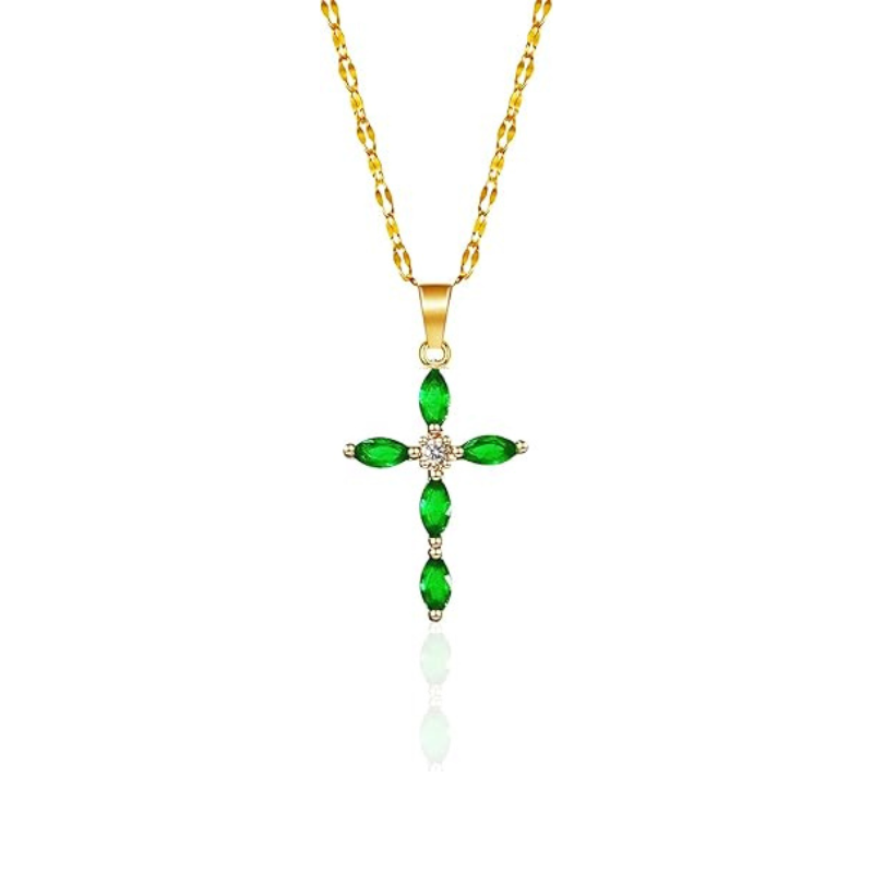 Gold emerald marquise cross necklace